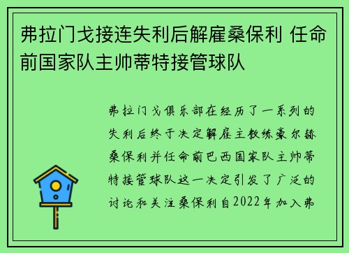 弗拉门戈接连失利后解雇桑保利 任命前国家队主帅蒂特接管球队