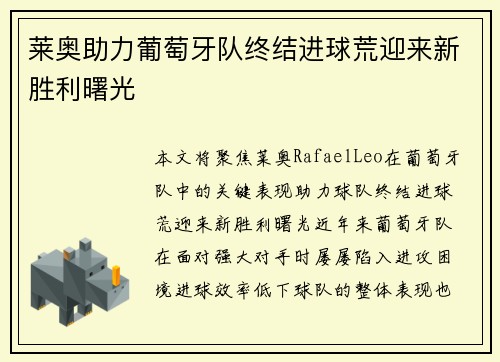 莱奥助力葡萄牙队终结进球荒迎来新胜利曙光